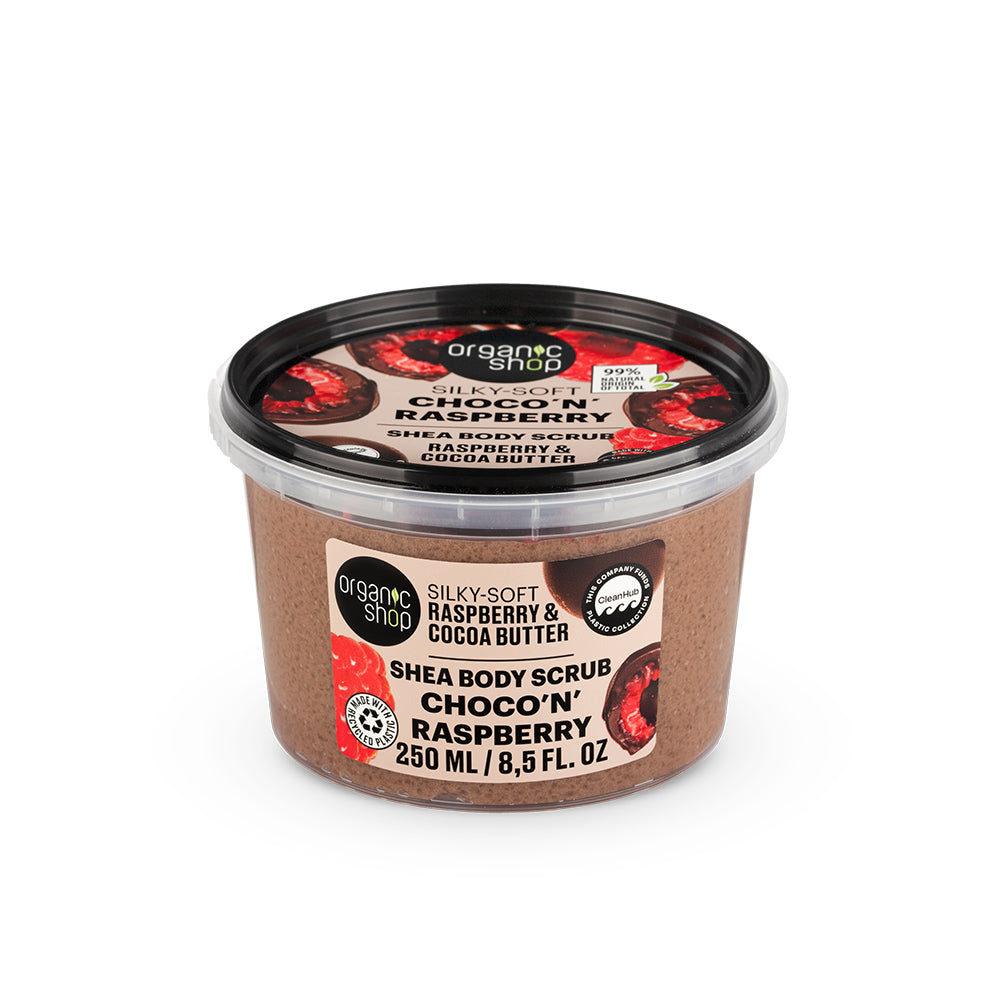 EXFOLIANTE CORPORAL SEDOSO DE KARITÉ CON CHOCOLATE Y FRAMBUESA